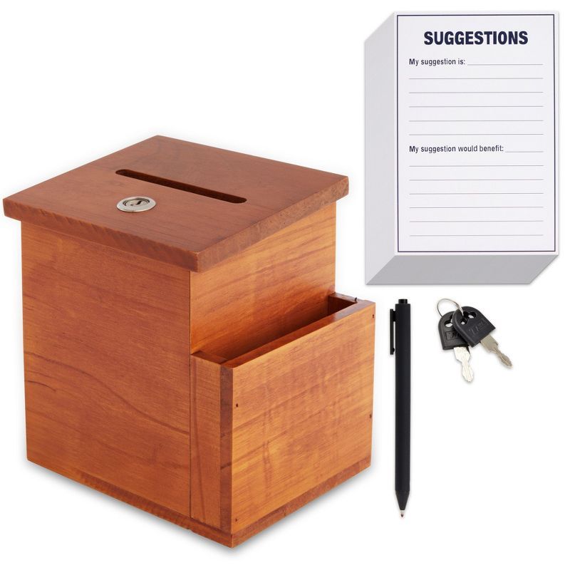 Brown Wooden Suggestion Box with Lock and Cards