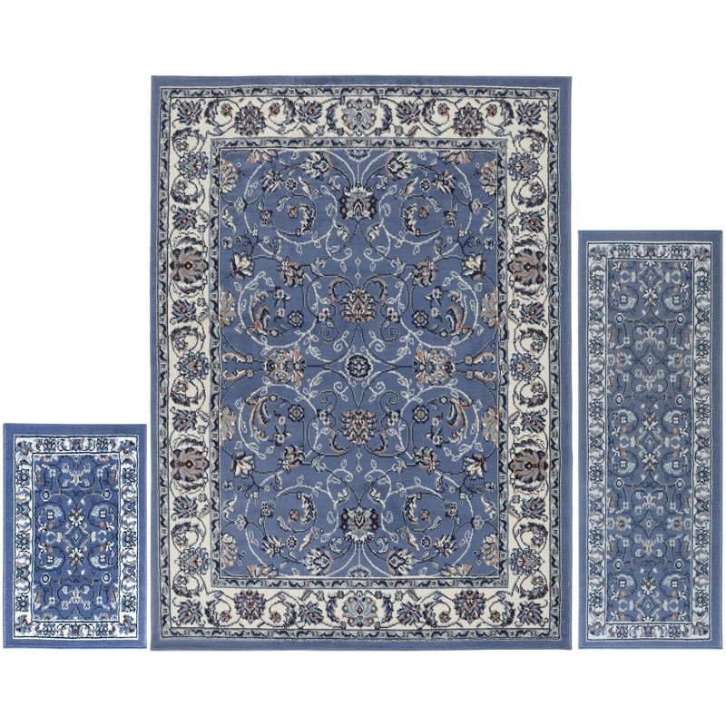 Elegant Blue and Ivory Synthetic 3-Piece Area Rug Set