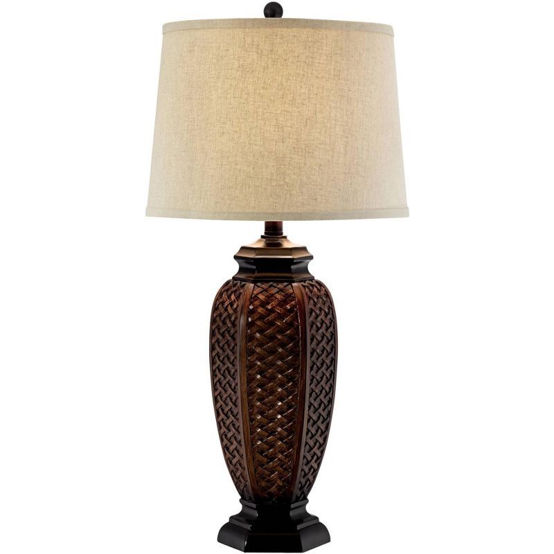 Black Wicker Pattern Table Lamp with Beige Linen Shade