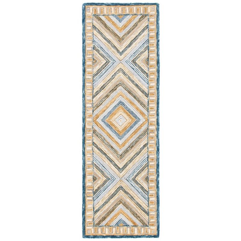Navy and Gold Geometric Wool Runner Rug, 2'3" x 5'