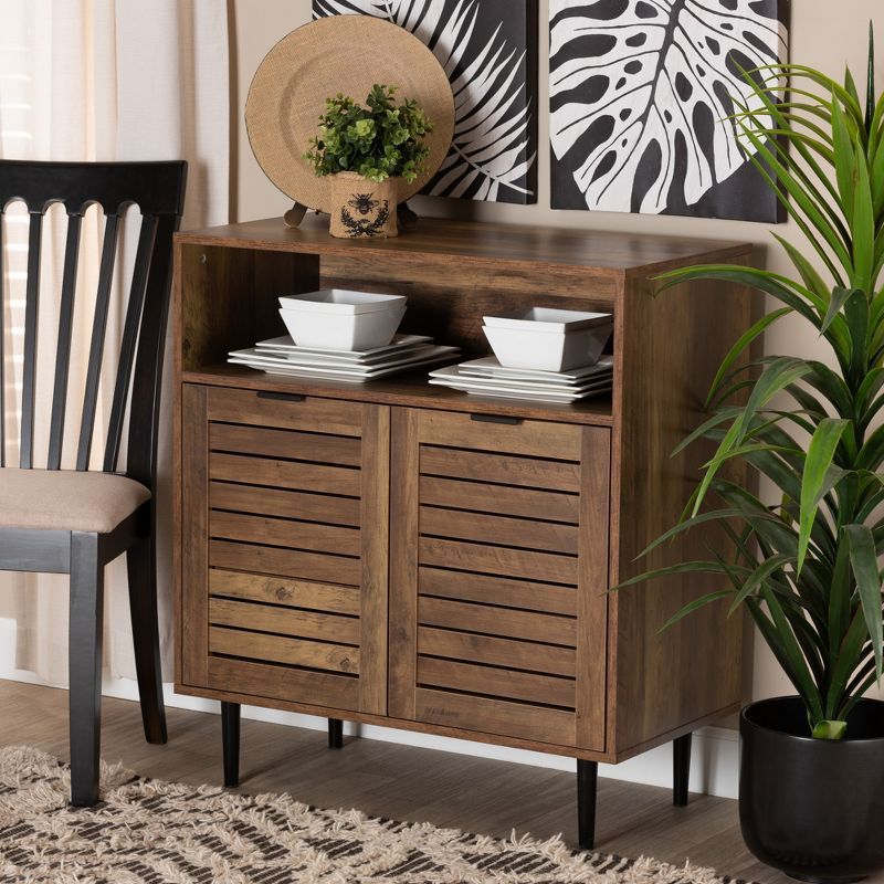 Natural Brown Wood and Black Metal Mid-Century Sideboard