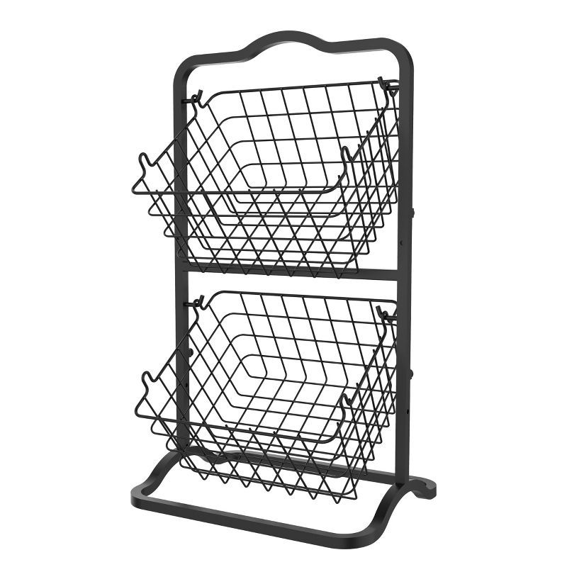 Black 2-Tier Metal Wire Storage Basket Stand