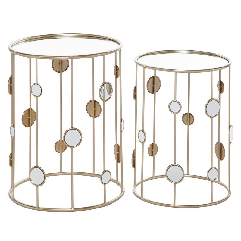 Gold Metal Round Accent Tables with Mirrored Glass Tops, Set of 2