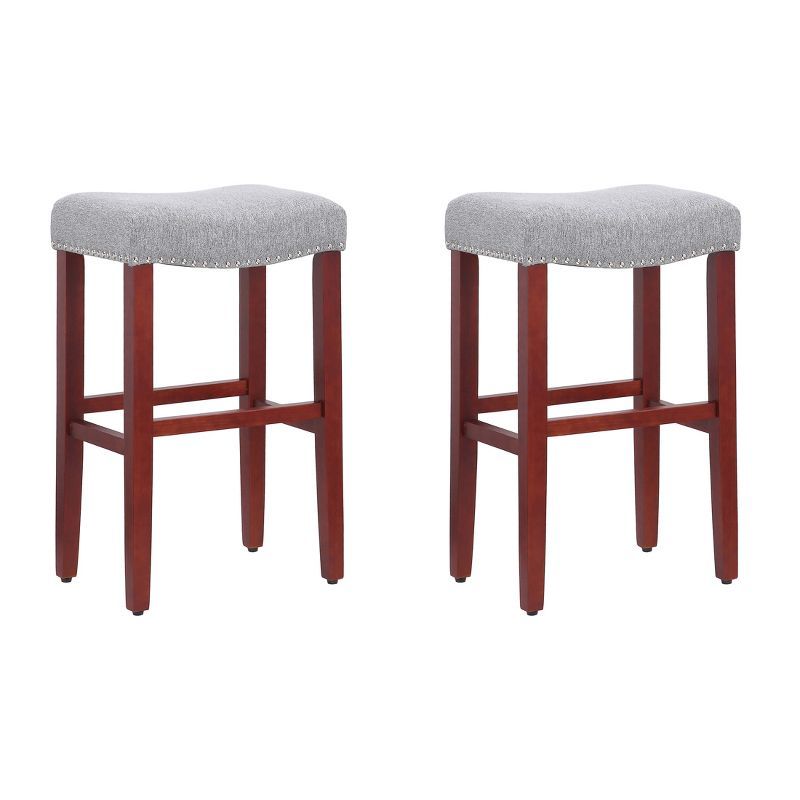 Modern Farmhouse 29" Gray Wood Upholstered Saddle Bar Stool - Set of 2