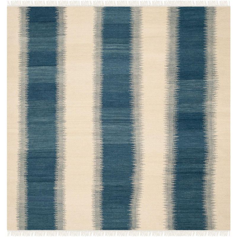 Handwoven Blue and Ivory Wool Geometric Square Rug