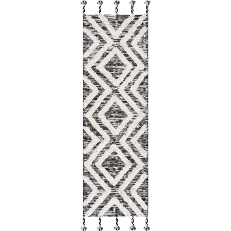 Ivory and Black Hand-Knotted Wool Runner Rug