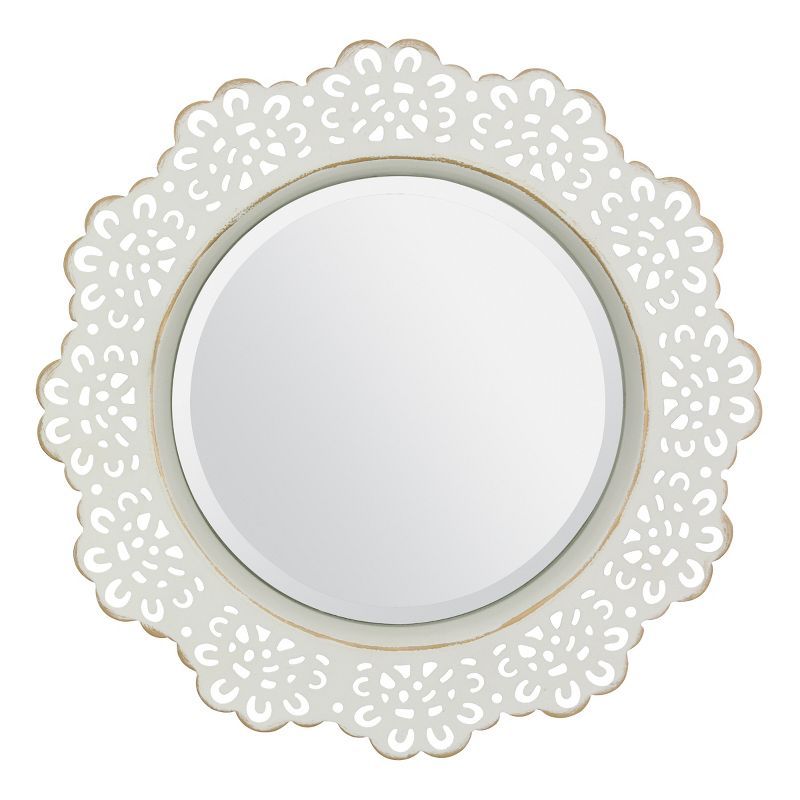 Elegant Round 15'' Gold and Off-White Metal Lace Accent Mirror