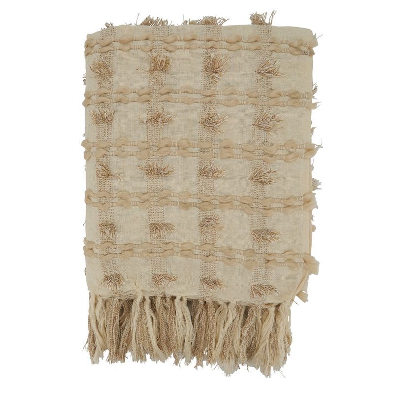 Beige Cotton Fringe Striped Throw Blanket