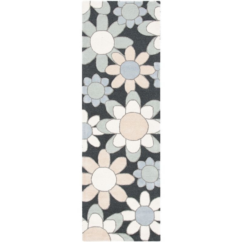 Charcoal and Ivory Floral Hand-Tufted Wool Kids Rug