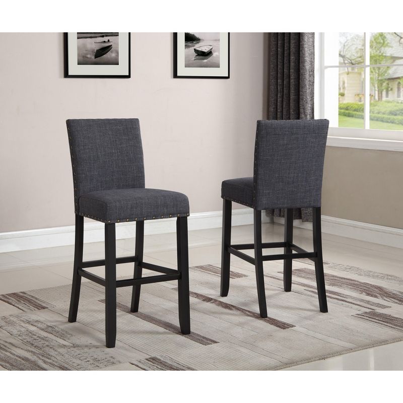 Espresso Hardwood Contemporary Bar Stools with Gray Linen Upholstery, Set of 2