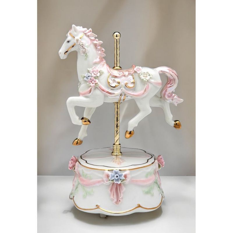 Hand-Painted Pink and White Ceramic Carousel Horse Music Box