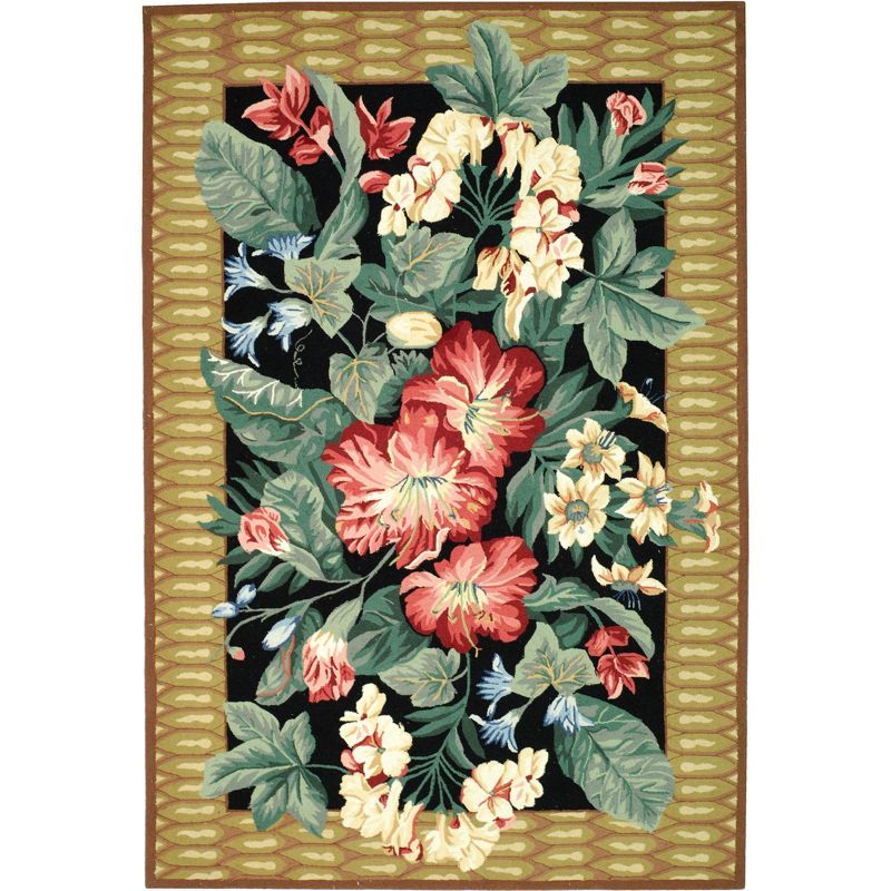 Handmade Black Floral Wool 6' x 9' Area Rug