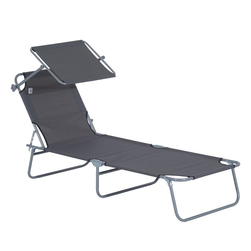 Gray Steel Armless Outdoor Chaise Lounge Chair with Sunshade