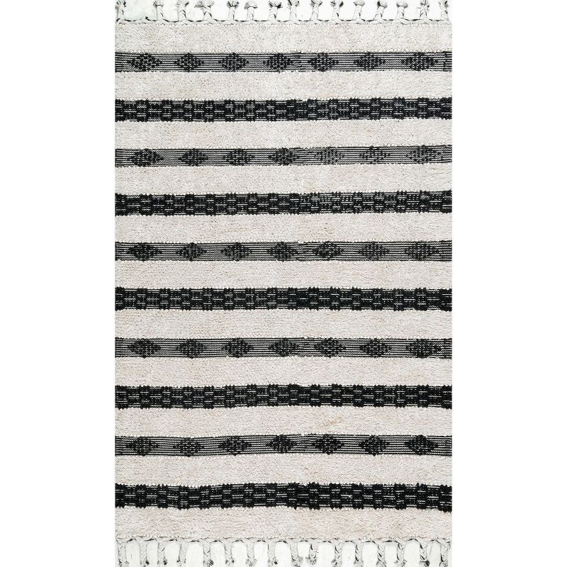 Handmade Ivory Stripe Shag Wool Rug 4' x 6'
