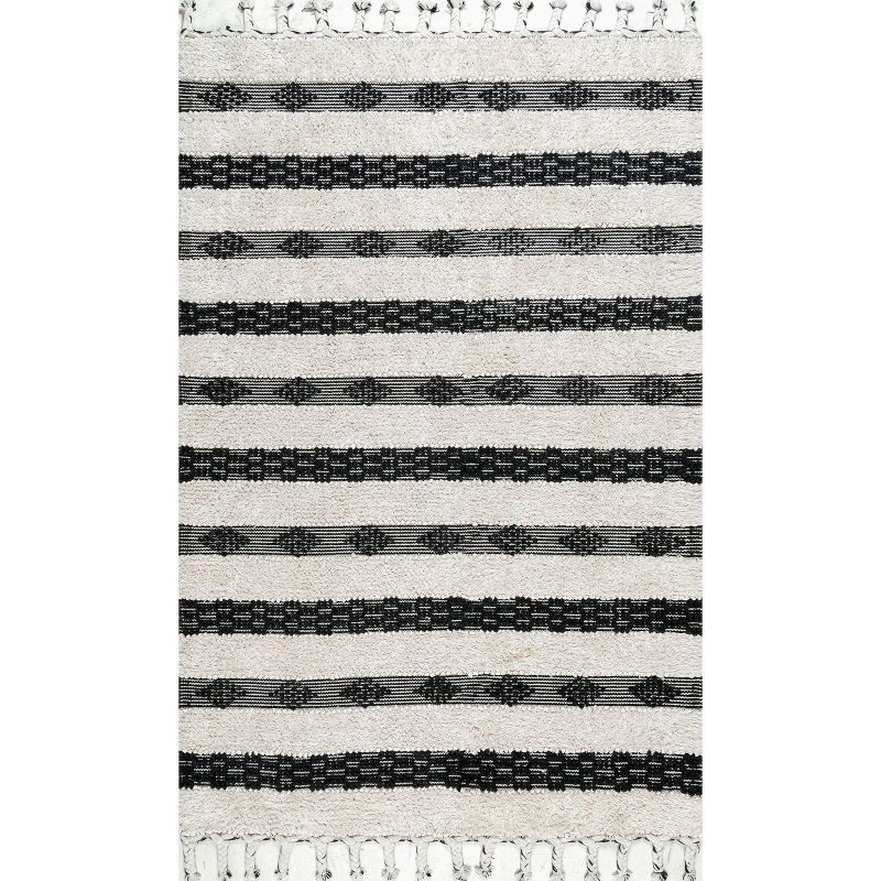 Ivory Striped Tufted Wool Shag Area Rug 5' x 8'