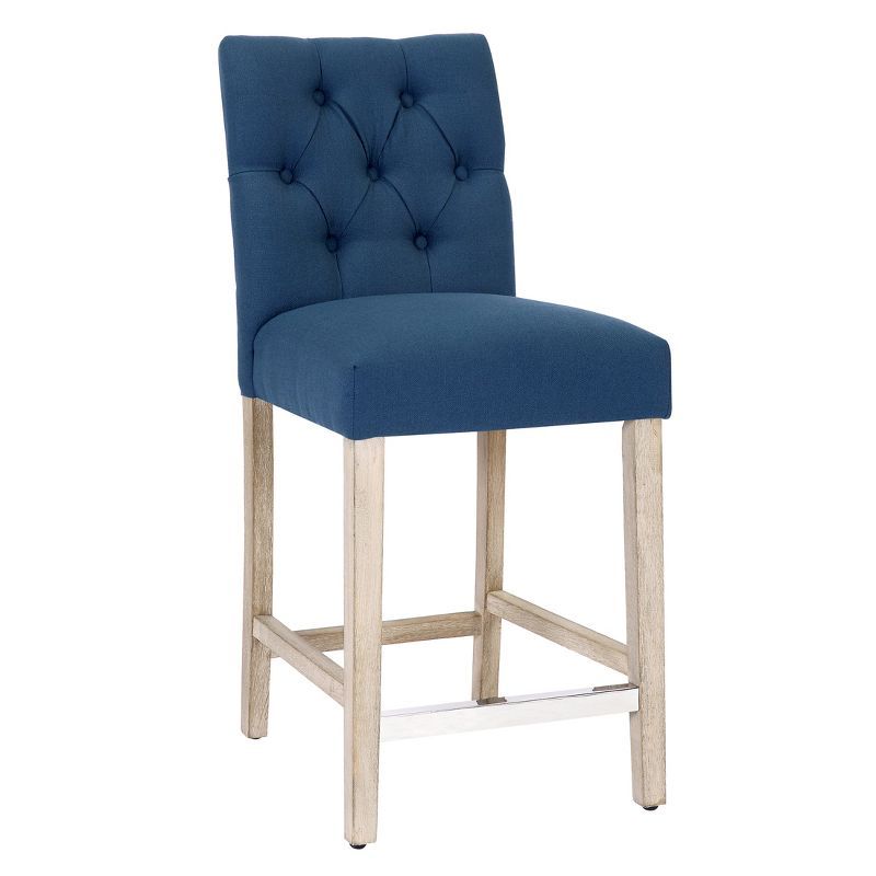 Blue Linen Tufted Bar Stool with Wood Legs, Set of 2