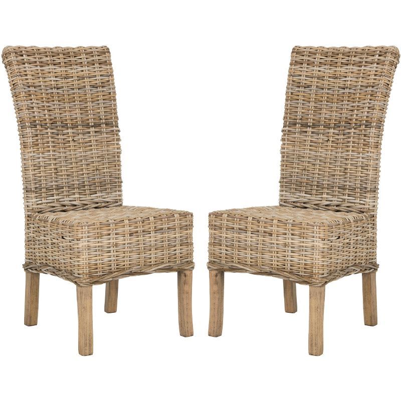 High-Back Rattan & Mango Wood Side Chair in Natural Grey (Set of 2)