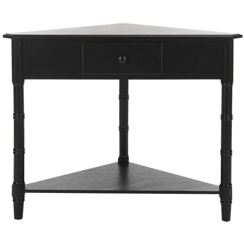 Bamboo-Inspired Triangular Pine Wood Corner Console with Drawer - Black