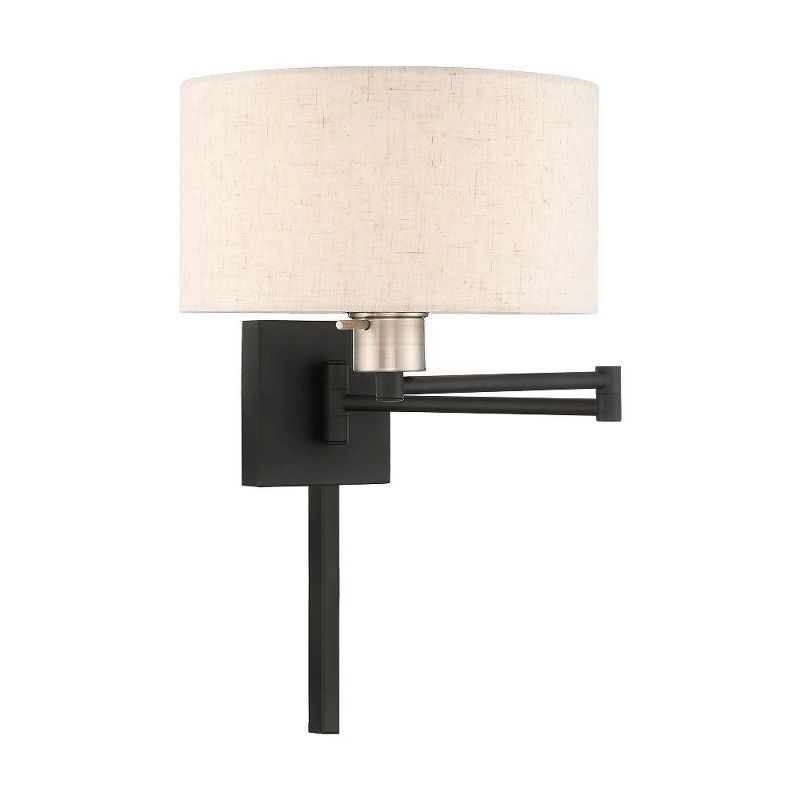 Black Steel Swing Arm Wall Lamp with Oatmeal Fabric Shade