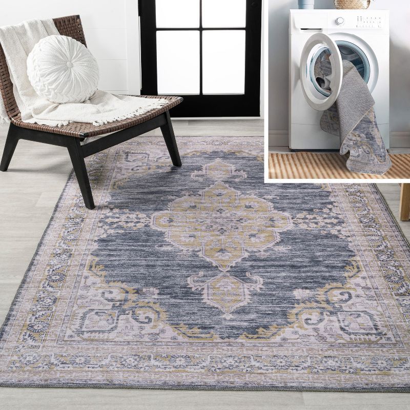 Wincer Dark Gray and Yellow Cotton Chenille Medallion Washable 3 ft x 5 ft Area Rug