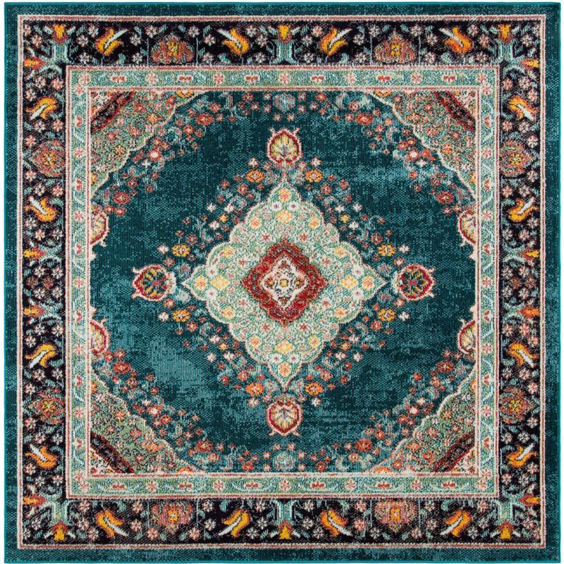 Navy and Turquoise Square Synthetic Flat Woven Rug