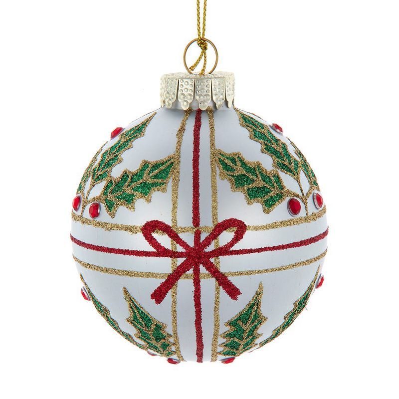 Classic White Glass Holly and Bow Christmas Ornaments Set of 6