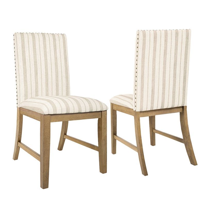 Taupe Stripe Upholstered Linen Wood Dining Chairs, Set of 2