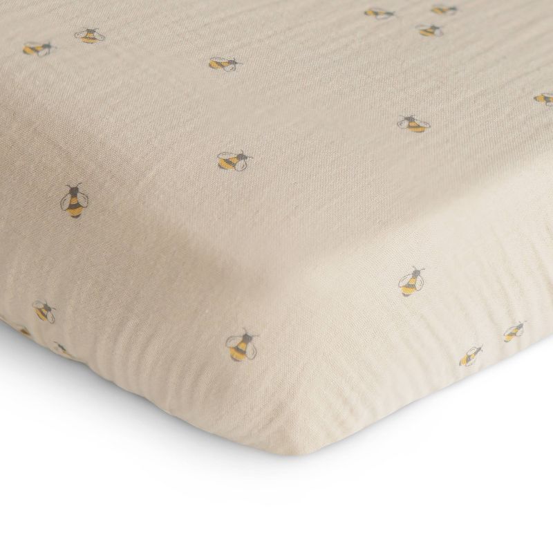Extra Soft Beige Cotton Muslin Crib Sheet with Bee Pattern