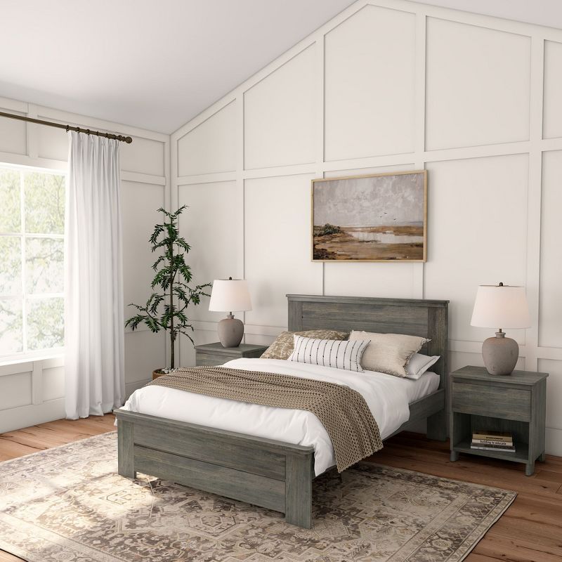 Rustic Driftwood Pine Full Bed Frame with Headboard and Drawer