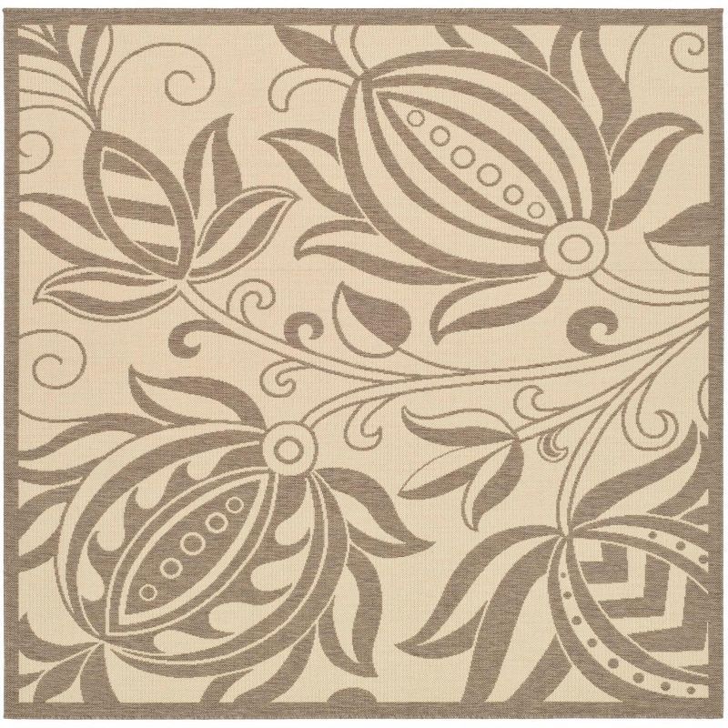 Natural Brown Floral Motif Square Outdoor Area Rug