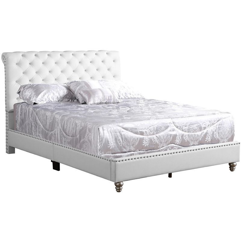 Maxx White Tufted Upholstered Full Panel Bed with Nailhead Trim