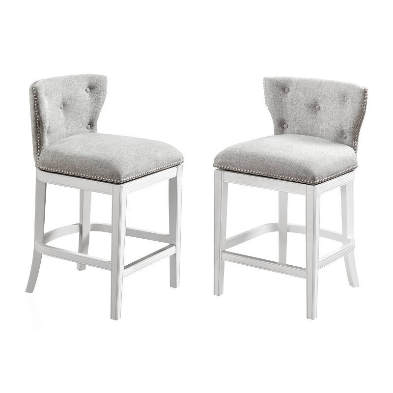 White Wood Swivel Counter Height Bar Stools with Tufted Upholstery