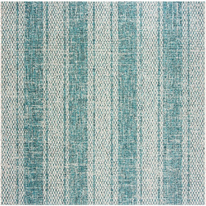 Light Grey and Teal Square Synthetic Outdoor Area Rug