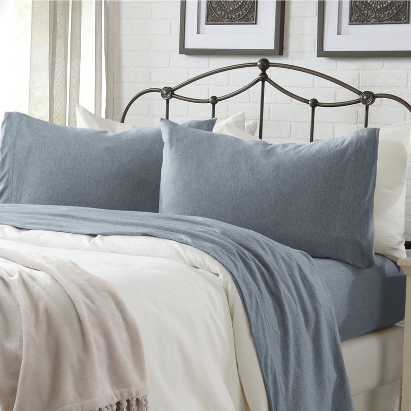 Ultra-Soft Heathered Denim Blue Cotton Blend Full Sheet Set