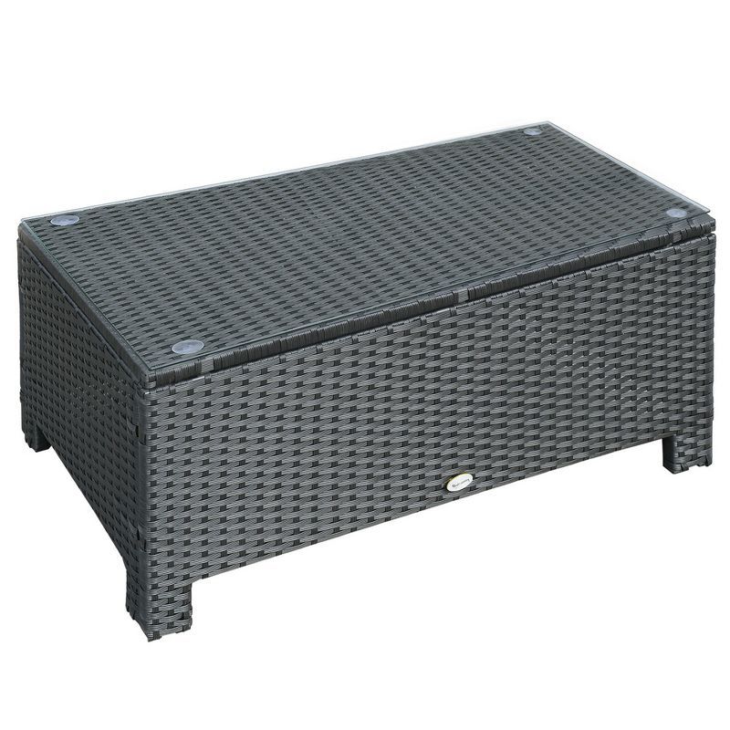 Black PE Rattan Patio Coffee Table with Tempered Glass Top