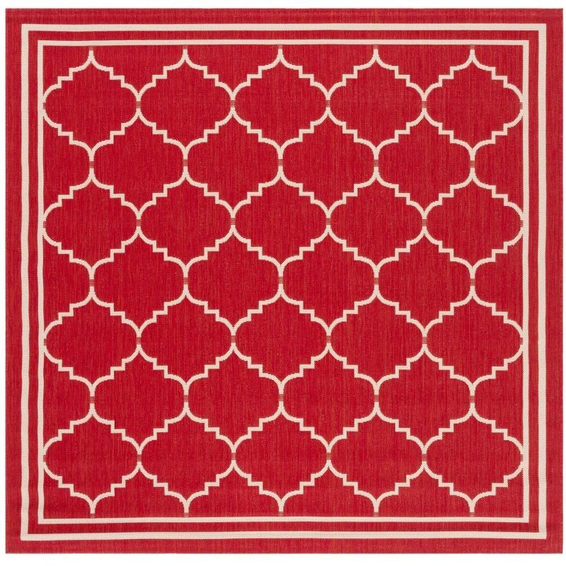 Red & Beige Square Synthetic Easy-Care Indoor/Outdoor Rug