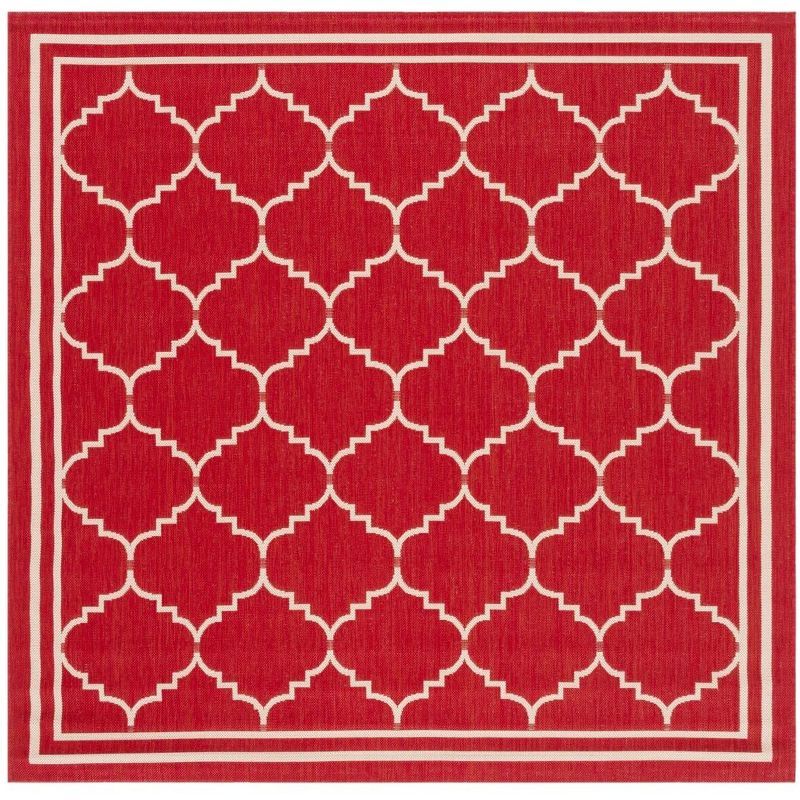 Red & Beige Square Synthetic Easy-Care Indoor/Outdoor Rug