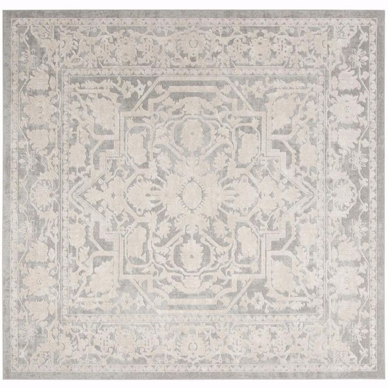 Light Grey and Cream Floral Square Synthetic Area Rug