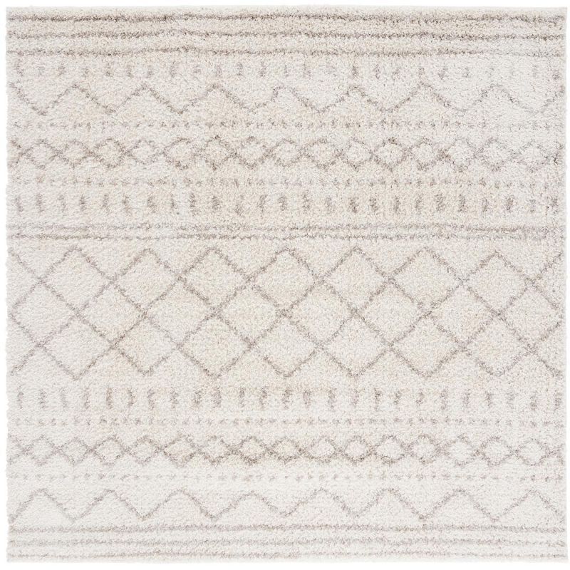 Ivory Beige Hand-knotted Square Shag Rug, 5'1"