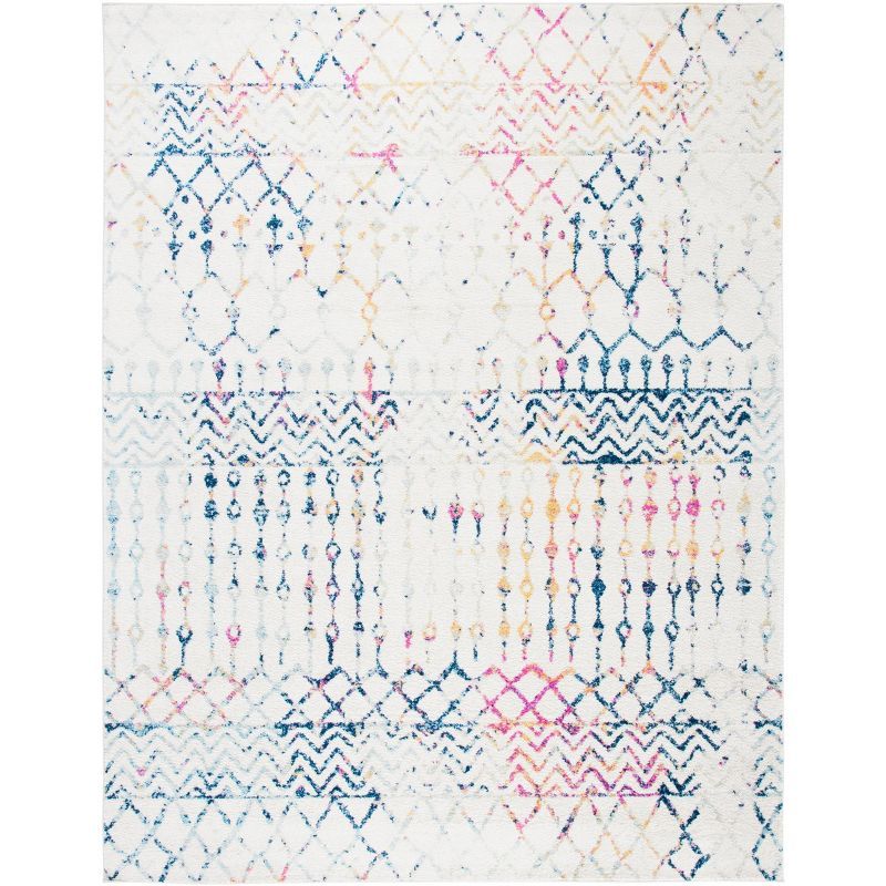 Ivory and Blue Moroccan Boho Distressed Area Rug, 8' x 10'