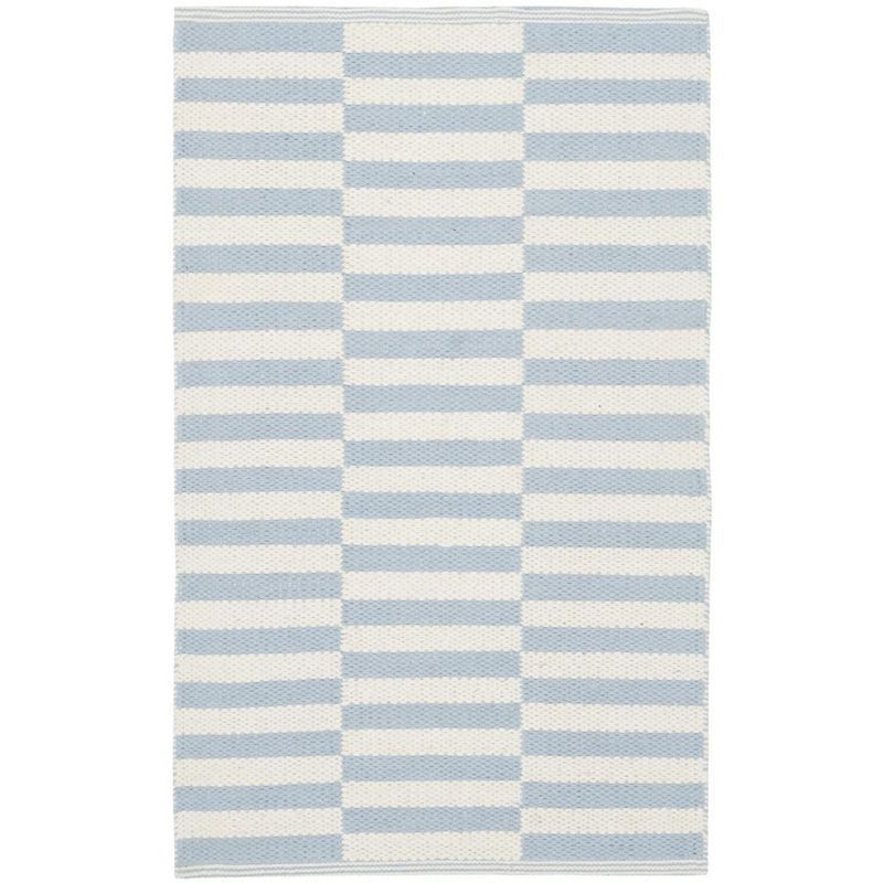 Ivory and Light Blue Striped Cotton Flat Woven Rug