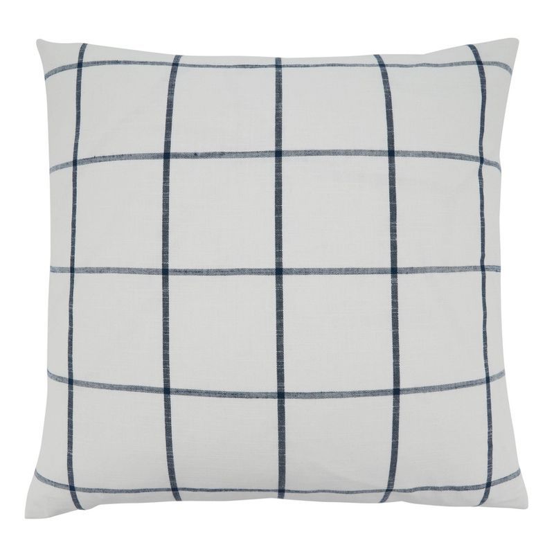 20" White and Blue Plaid Cotton Square Throw Pillow