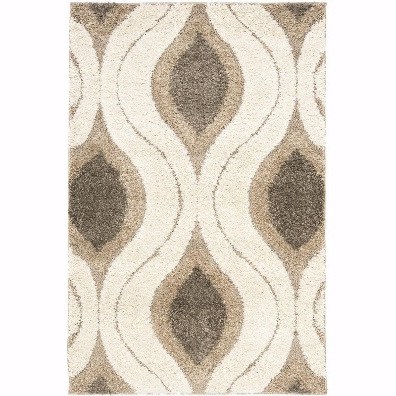 Cream and Smoke Geometric Tufted Shag Rug