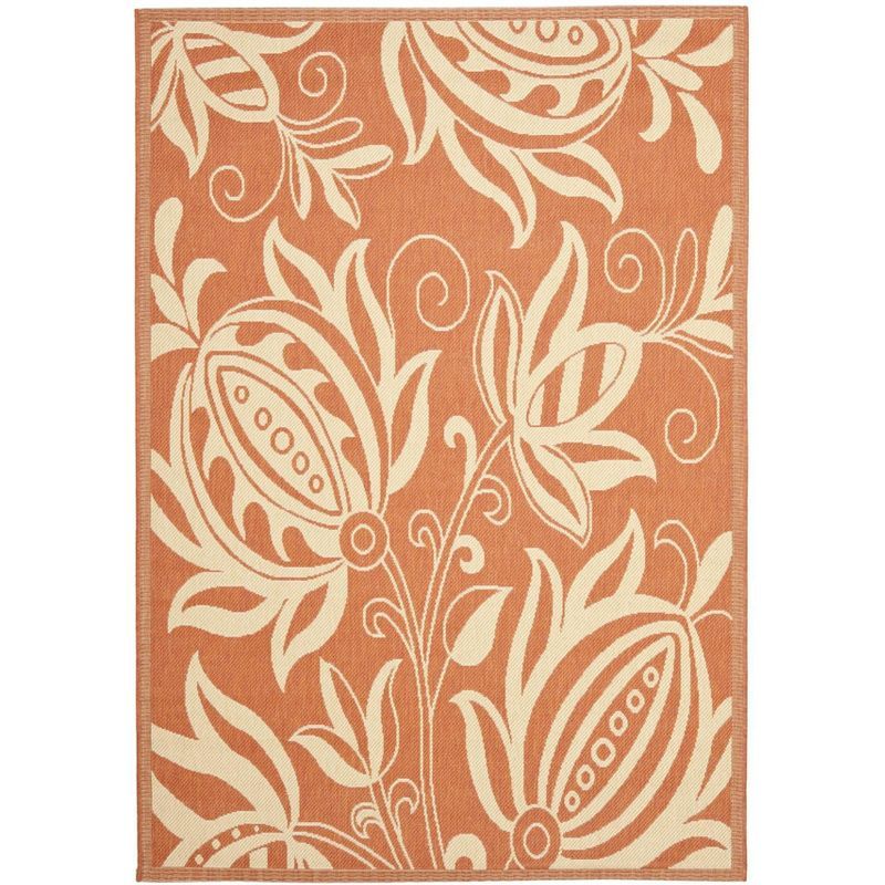 Rectangular Terracotta and Natural Floral Synthetic Area Rug