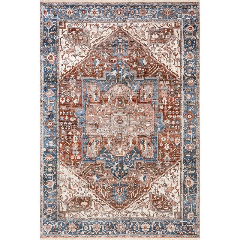 Blue Vintage Medallion Synthetic Area Rug with Fringe