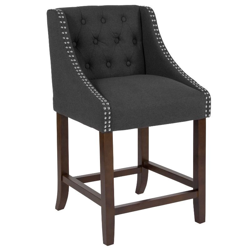 Black Tufted Leather Saddle Style Counter Stool with Walnut Frame