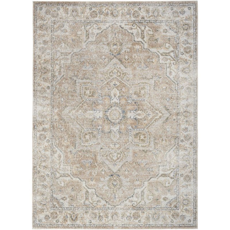 Beige Medallion Power-Loomed Washable Rectangular Area Rug