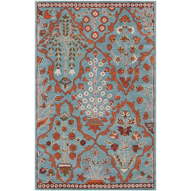 Handmade Wyndham Floral Geometric Blue Wool Area Rug 9' x 12'