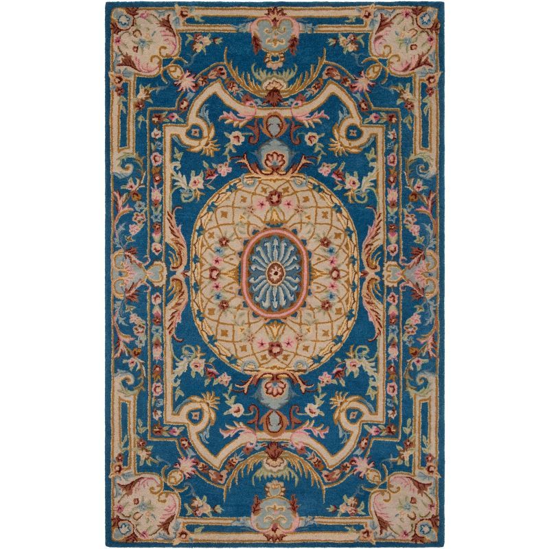 Handmade Blue and Ivory Floral Wool 8' x 10' Area Rug