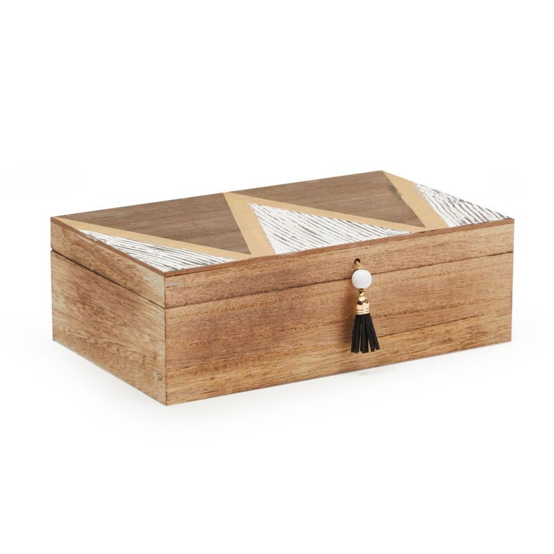 Small Natural Wood Decorative Box with Tassel and Hinged Lid